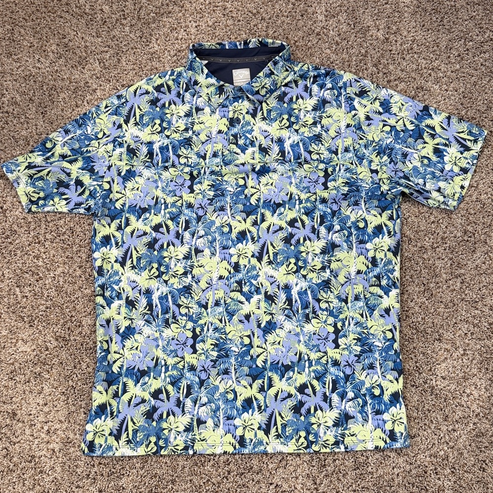 Callaway Men’s Size Large Blue and Green Tropical Print Golf Polo